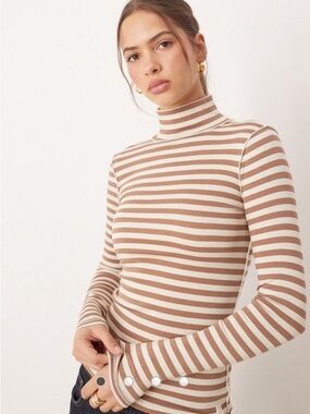 Free People Striped Turtleneck with seam details in Brown & Cream